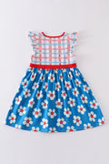 Platinum Blue & white floral print ruffle plaid dress - 5