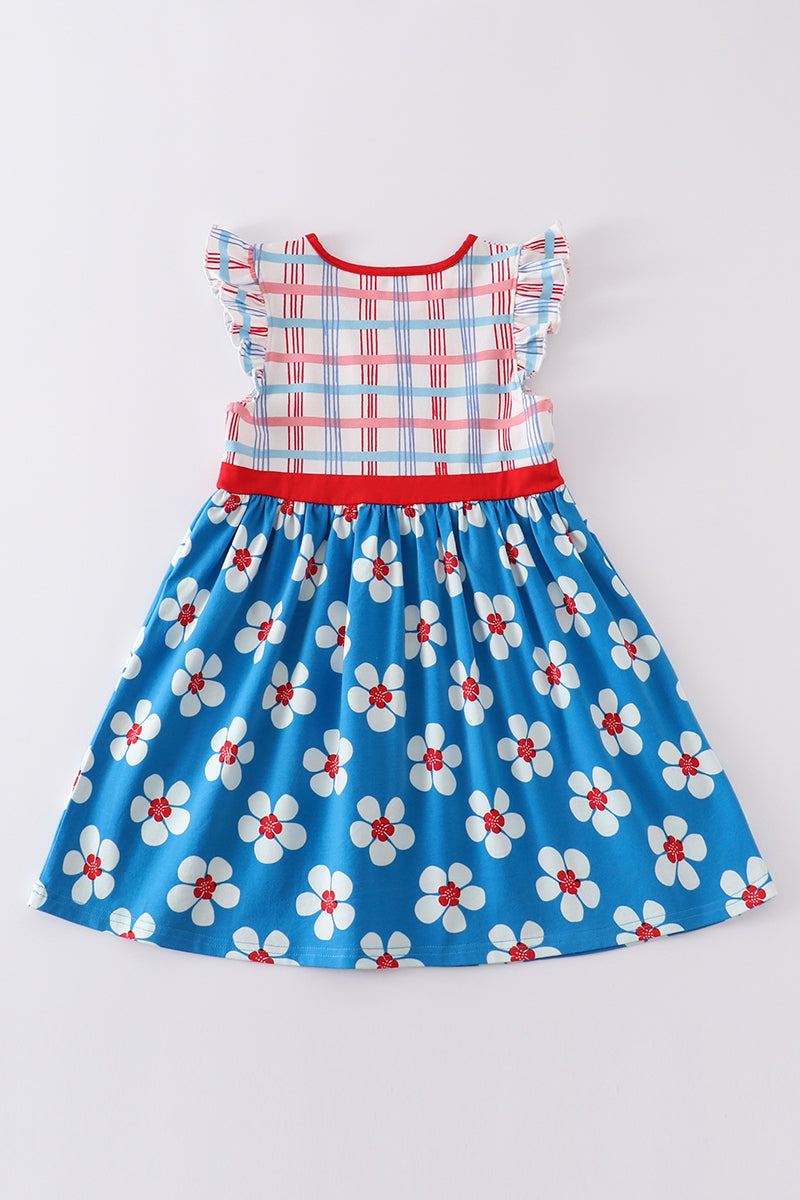Platinum Blue & white floral print ruffle plaid dress - 5
