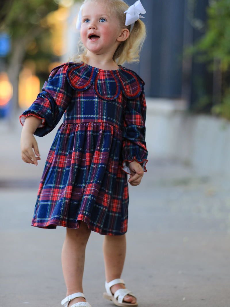Fall Plaid Girl Dress Petal Collar Puff Sleeve Long Sleeve - 5
