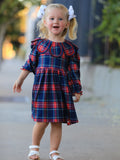 Fall Plaid Girl Dress Petal Collar Puff Sleeve Long Sleeve - 1