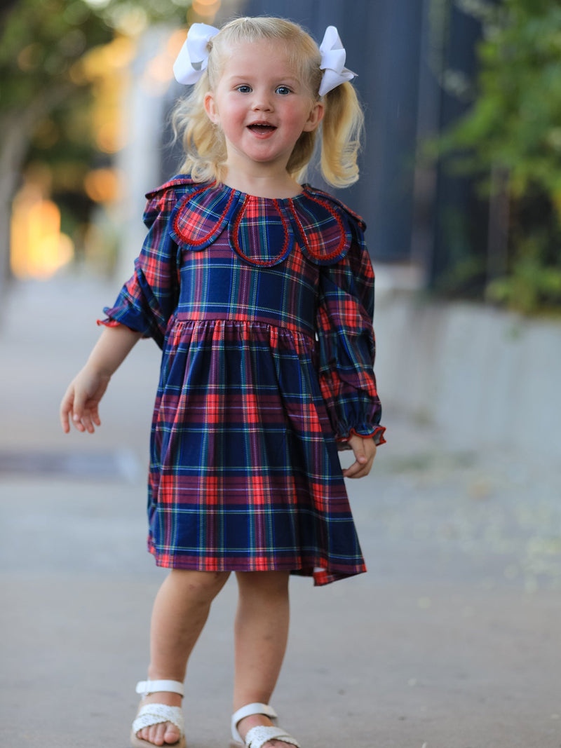 Fall Plaid Girl Dress Petal Collar Puff Sleeve Long Sleeve - 1
