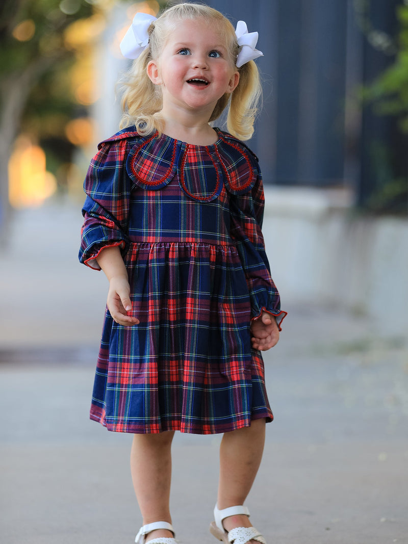 Fall Plaid Girl Dress Petal Collar Puff Sleeve Long Sleeve - 2