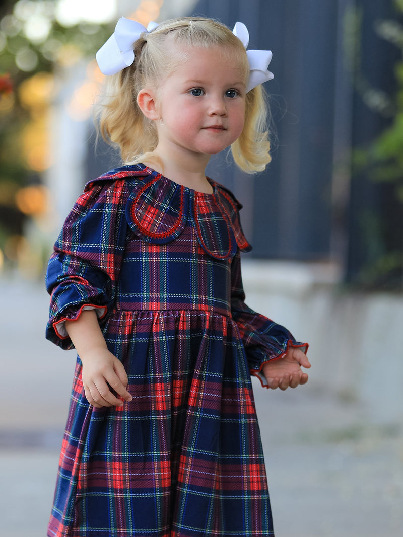 Fall Plaid Girl Dress Petal Collar Puff Sleeve Long Sleeve - 3