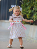 Fall Thanksgiving Lapel Plaid Chick Embroidery Smocking Bow Baby Girls Dress - 4