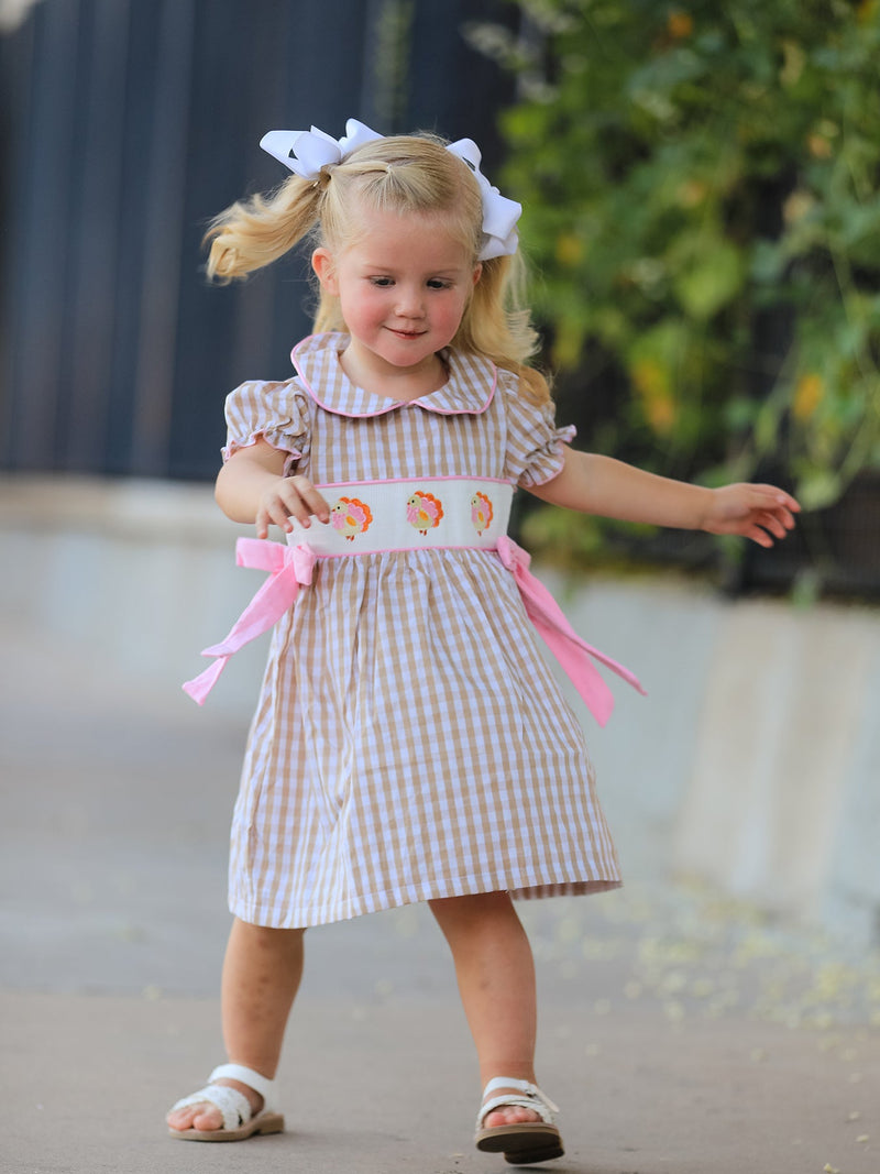 Fall Thanksgiving Lapel Plaid Chick Embroidery Smocking Bow Baby Girls Dress - 4