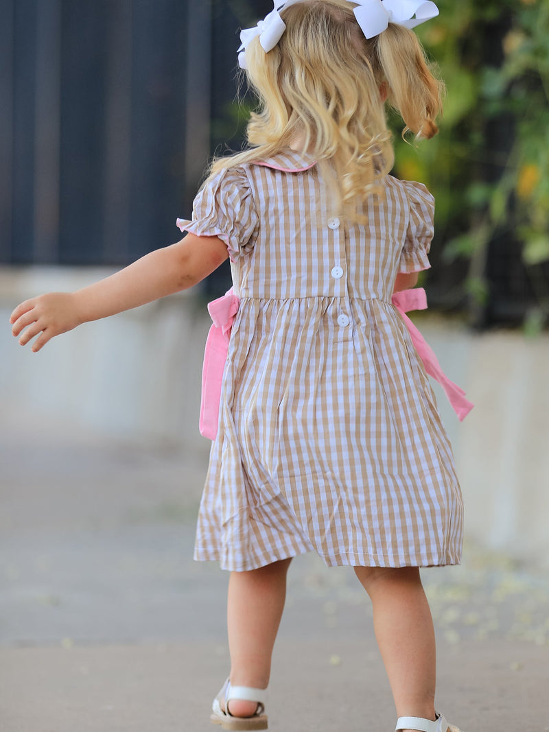 Fall Thanksgiving Lapel Plaid Chick Embroidery Smocking Bow Baby Girls Dress - 5