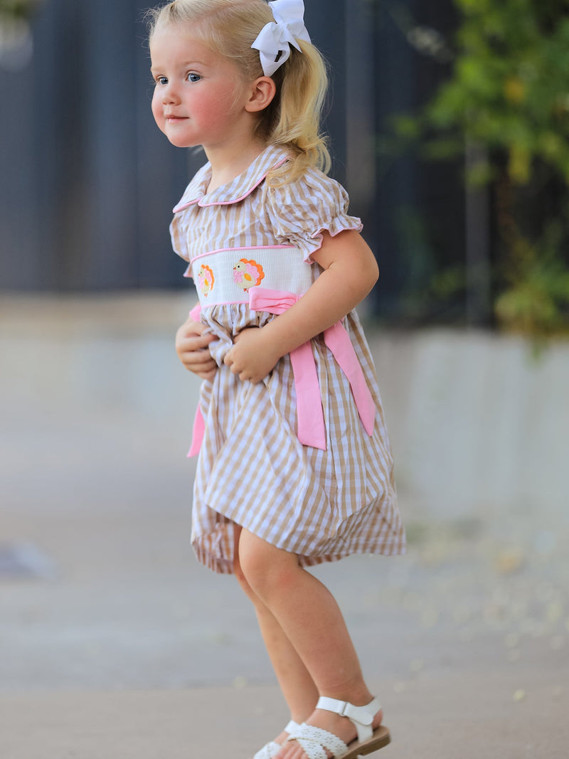 Fall Thanksgiving Lapel Plaid Chick Embroidery Smocking Bow Baby Girls Dress - 6