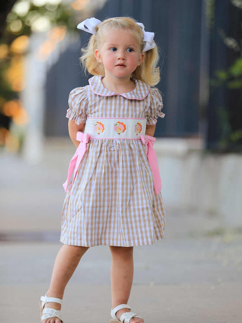 Fall Thanksgiving Lapel Plaid Chick Embroidery Smocking Bow Baby Girls Dress - 2