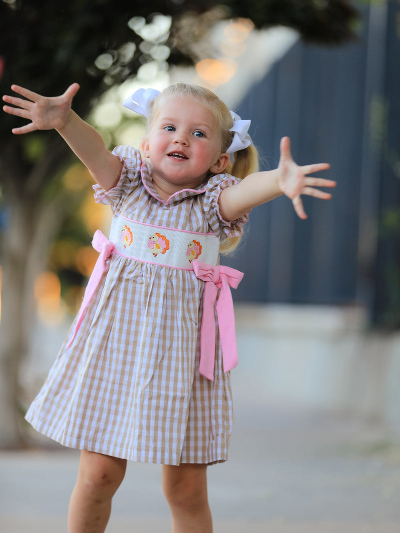 Fall Thanksgiving Lapel Plaid Chick Embroidery Smocking Bow Baby Girls Dress - 3