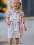 Fall Thanksgiving Lapel Plaid Chick Embroidery Smocking Bow Baby Girls Dress - 1