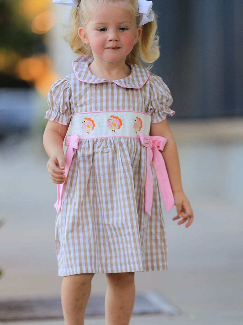 Fall Thanksgiving Lapel Plaid Chick Embroidery Smocking Bow Baby Girls Dress - 1