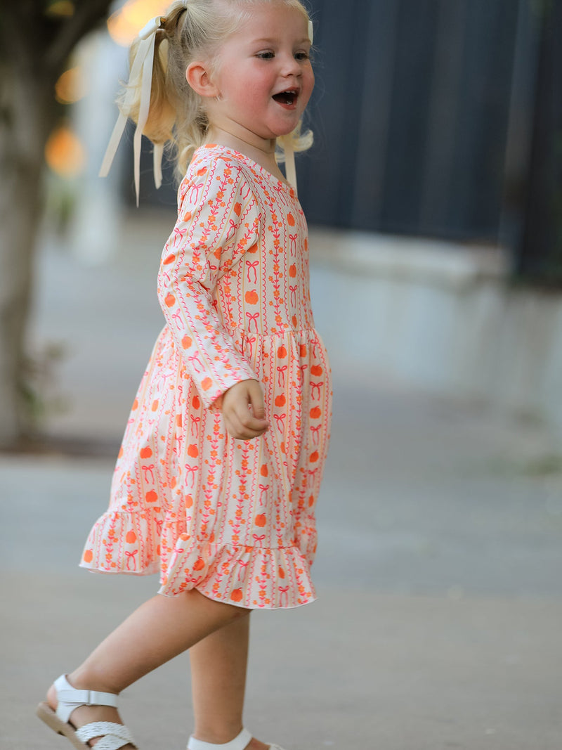 Halloween Thanksgiving Pumpkin Bow Pocket Girls Dress - 4