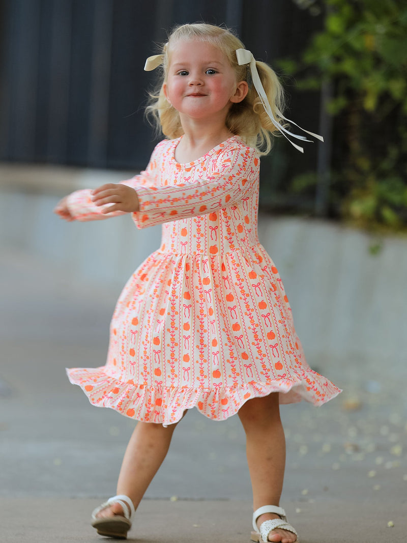 Halloween Thanksgiving Pumpkin Bow Pocket Girls Dress - 1