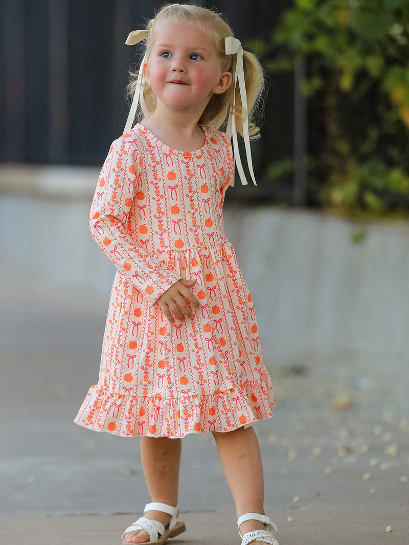 Halloween Thanksgiving Pumpkin Bow Pocket Girls Dress - 5