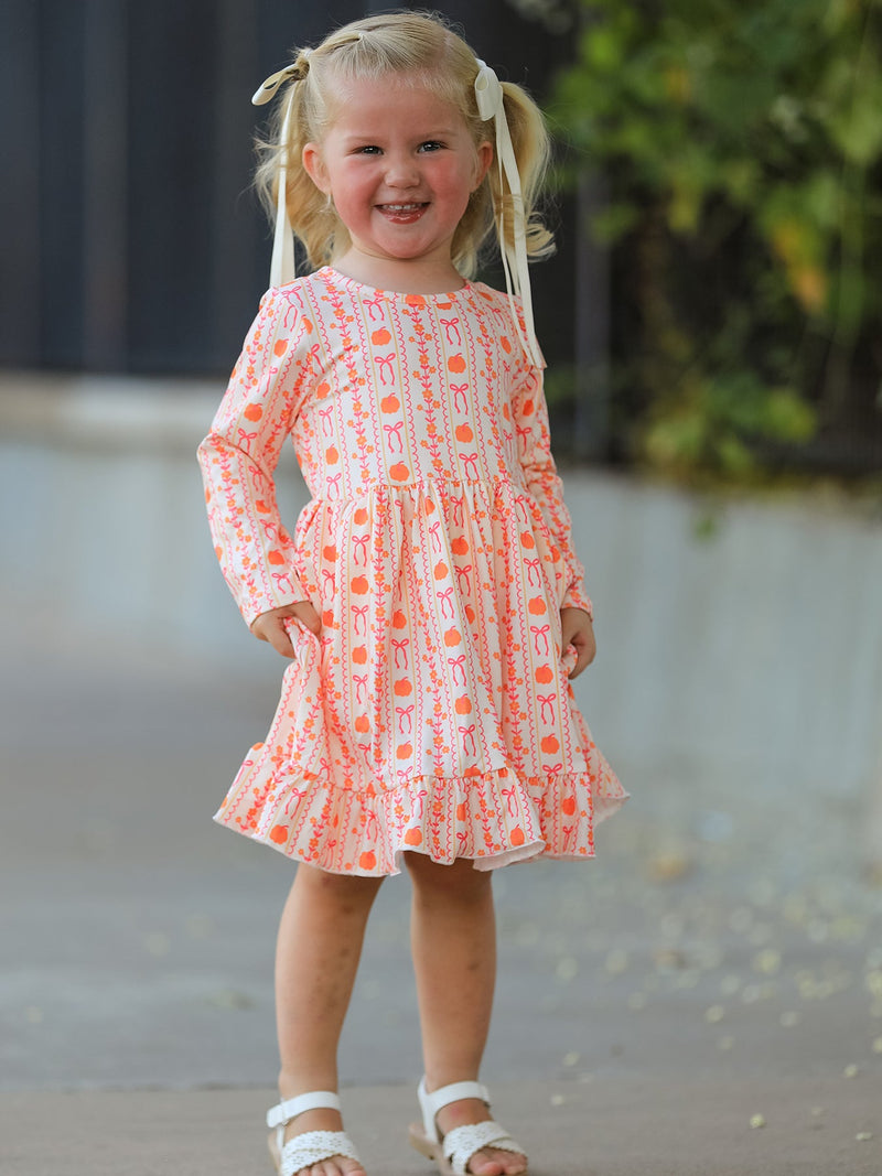 Halloween Thanksgiving Pumpkin Bow Pocket Girls Dress - 3