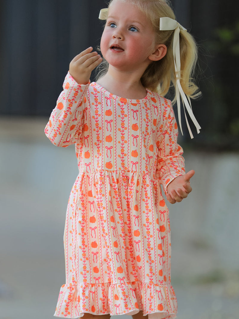 Halloween Thanksgiving Pumpkin Bow Pocket Girls Dress - 2