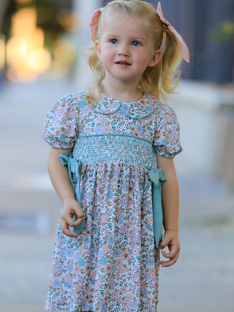 Sage Green Bow Floral Smocked Girl Dress - 5