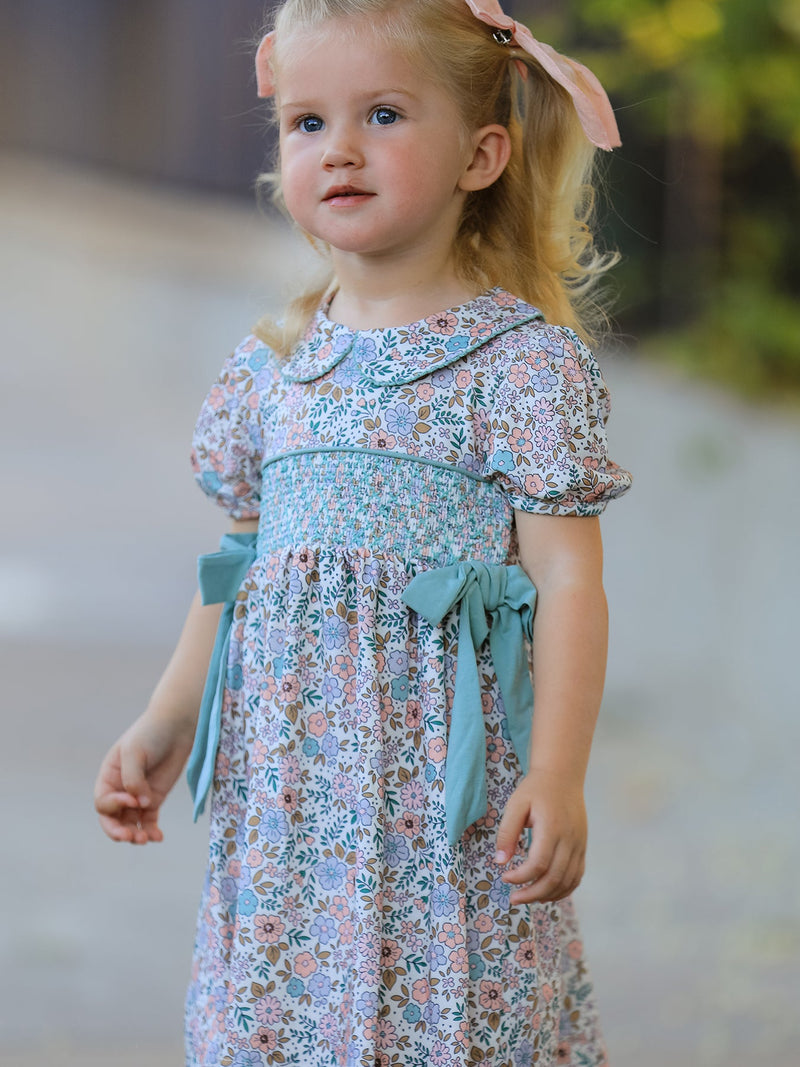 Sage Green Bow Floral Smocked Girl Dress - 4