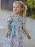 Sage Green Bow Floral Smocked Girl Dress - 2