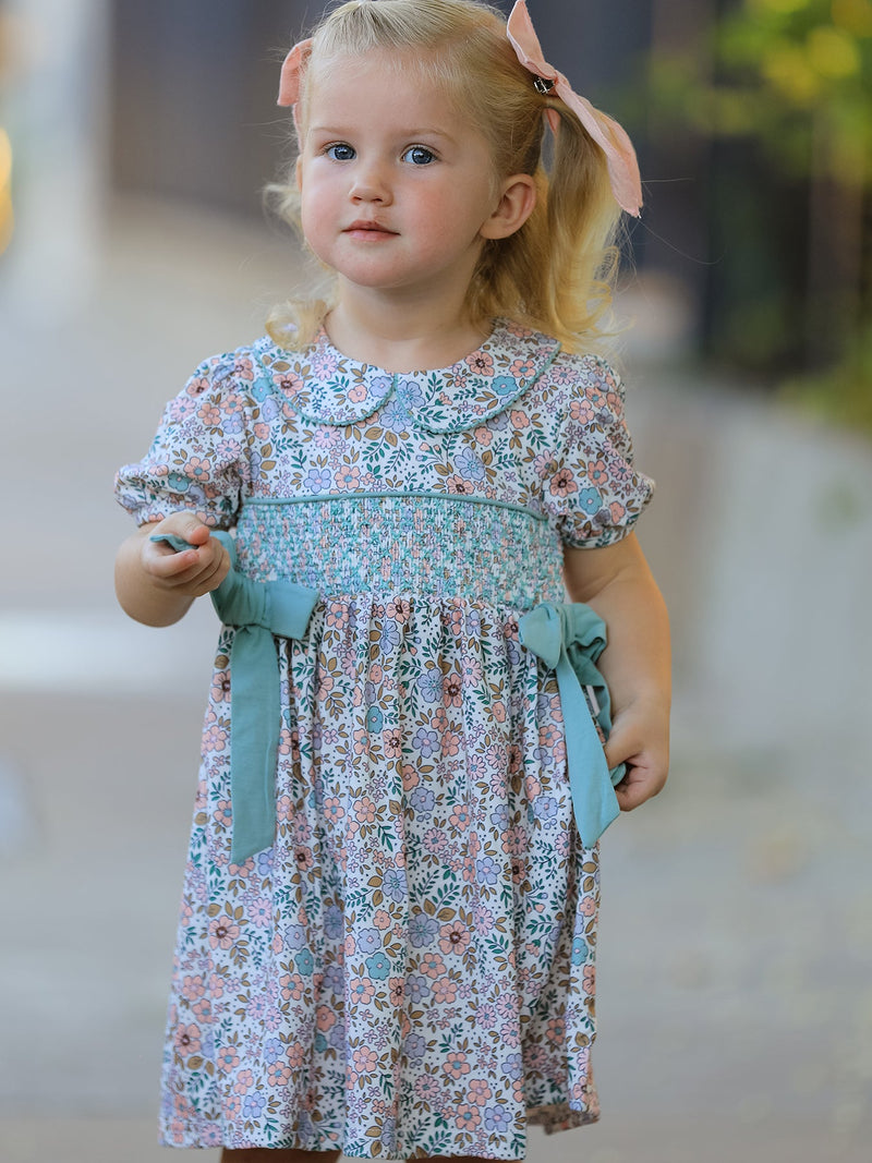 Sage Green Bow Floral Smocked Girl Dress - 1