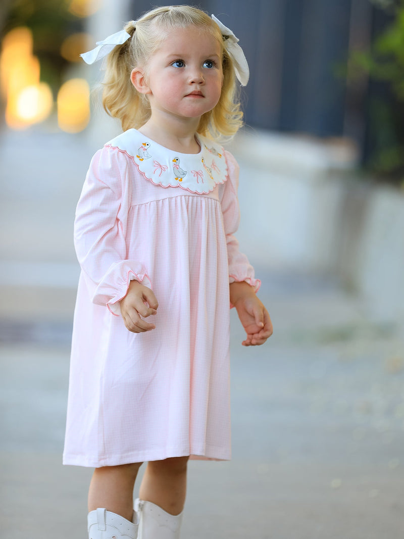 Pink Duck Embroidered Baby Girl Dress Peter Pan Collar Bow Dress - 3