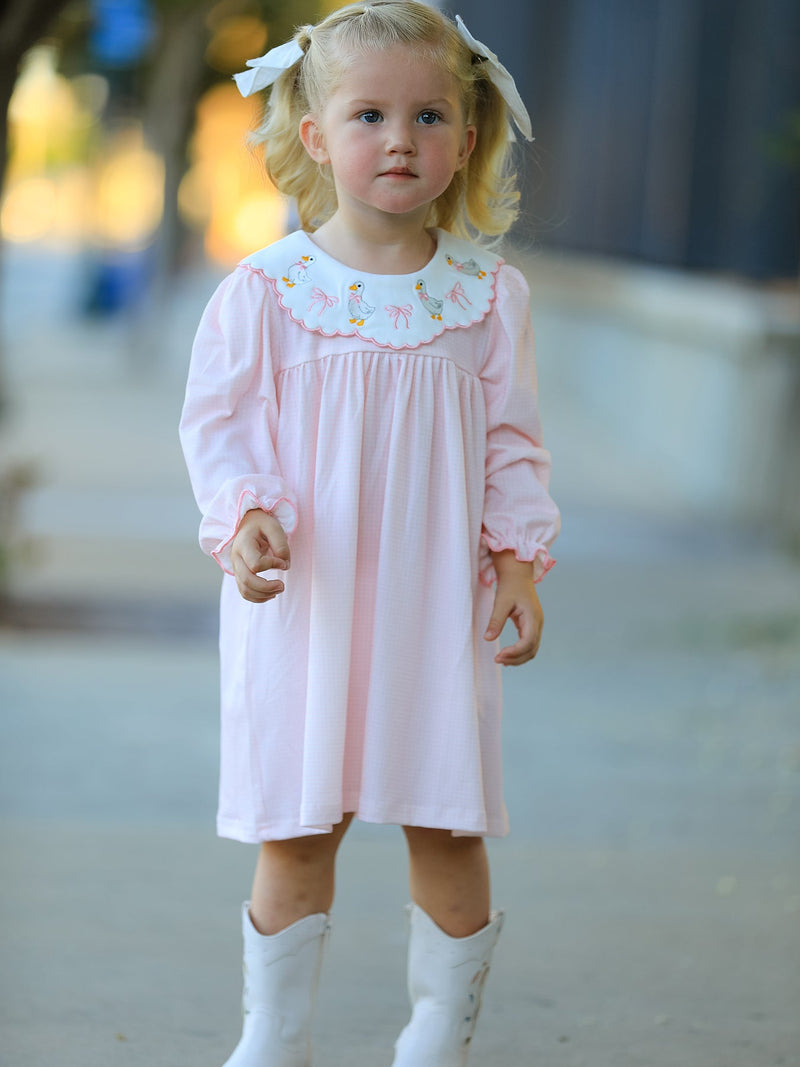 Pink Duck Embroidered Baby Girl Dress Peter Pan Collar Bow Dress - 2