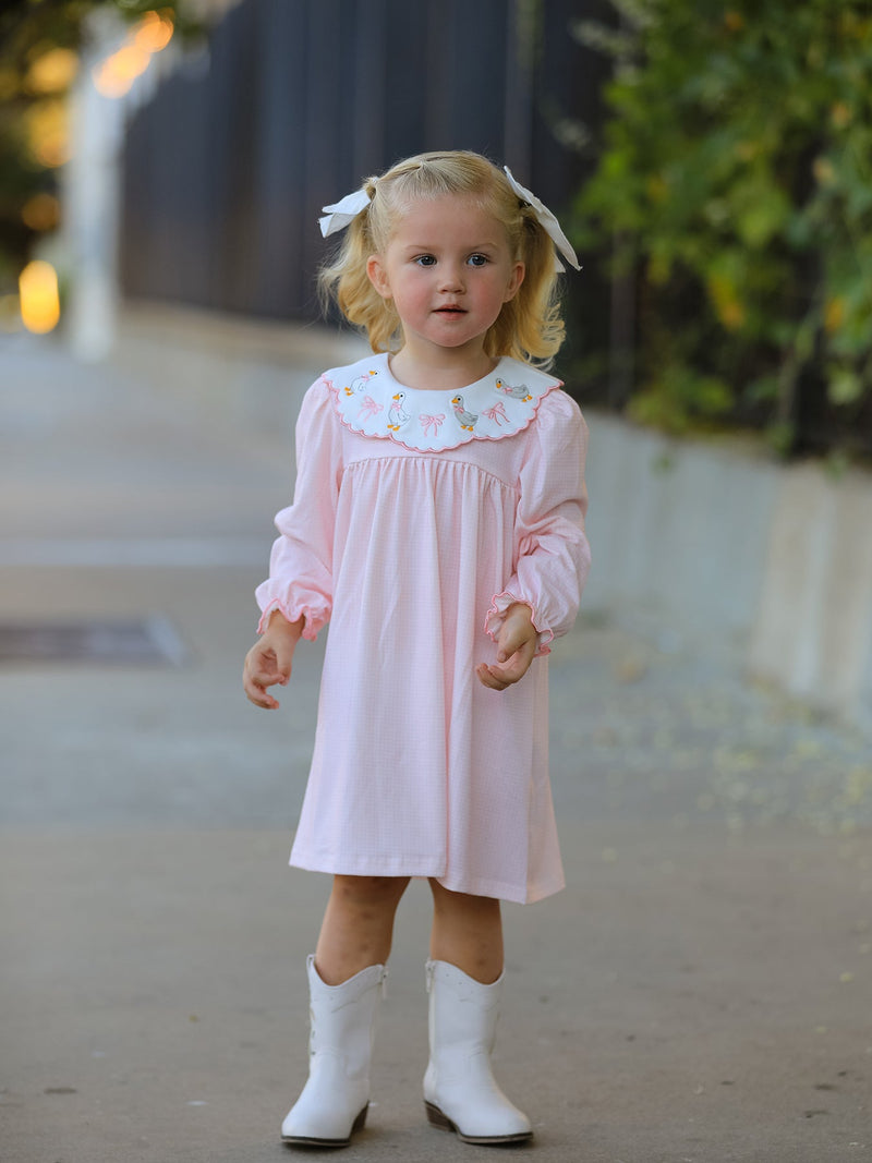 Pink Duck Embroidered Baby Girl Dress Peter Pan Collar Bow Dress - 4