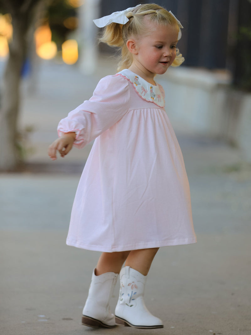 Pink Duck Embroidered Baby Girl Dress Peter Pan Collar Bow Dress - 5
