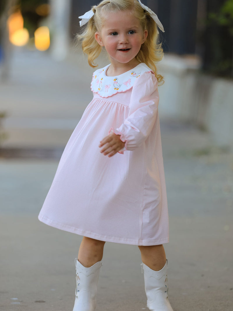 Pink Duck Embroidered Baby Girl Dress Peter Pan Collar Bow Dress - 1
