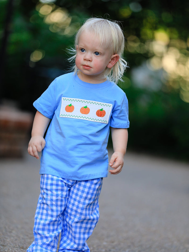 Fall Thanksgiving& Halloween Blue Pumpkin Smock Embroidery Baby Boy'Set - 4