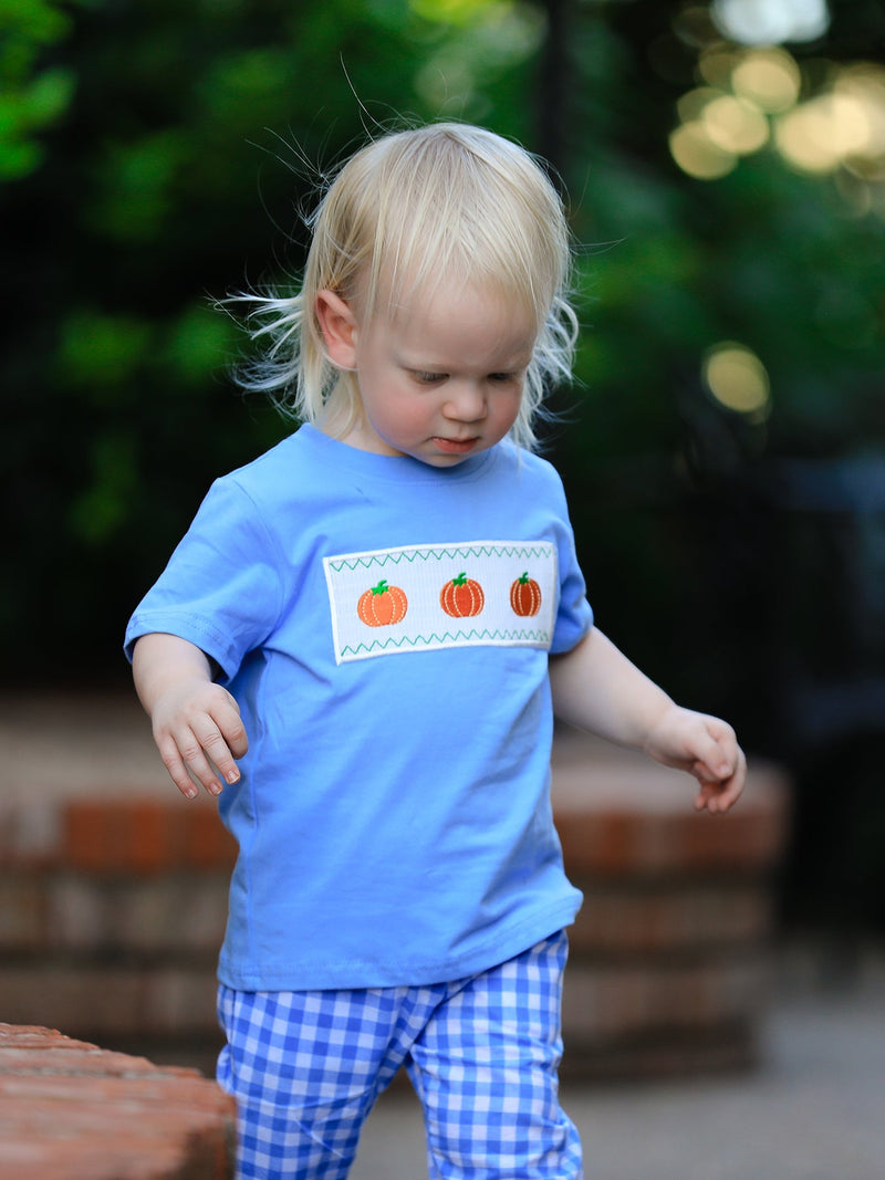 Fall Thanksgiving& Halloween Blue Pumpkin Smock Embroidery Baby Boy'Set - 2