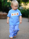 Fall Thanksgiving& Halloween Blue Pumpkin Smock Embroidery Baby Boy'Set - 1