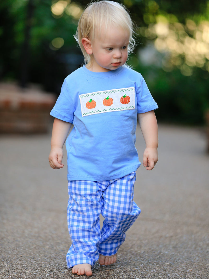 Fall Thanksgiving& Halloween Blue Pumpkin Smock Embroidery Baby Boy'Set - 1