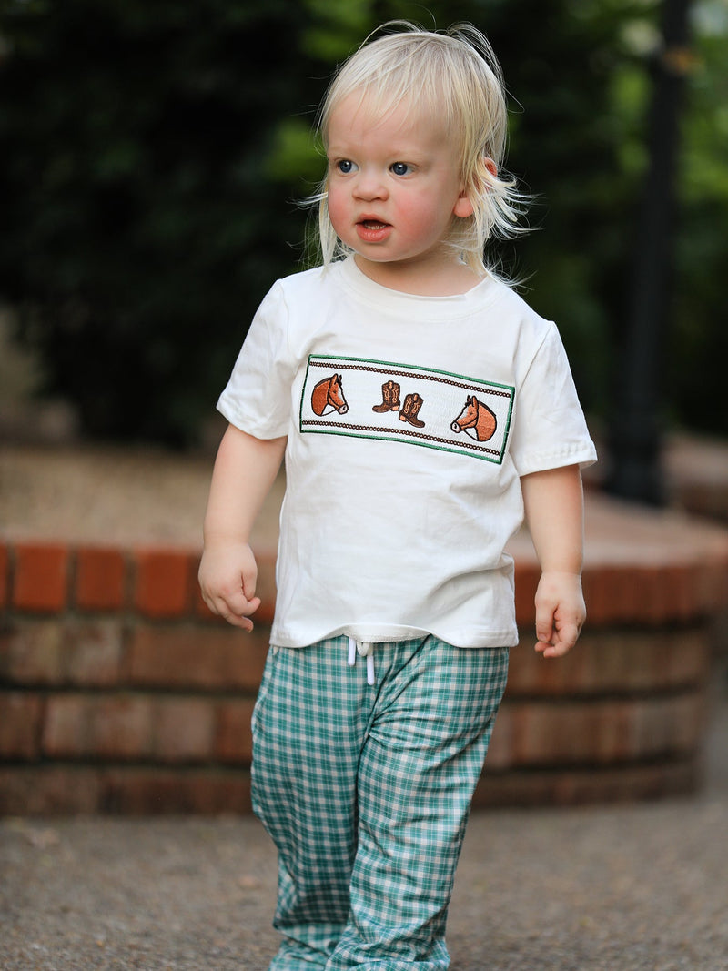 Western Plaid Horse Embroidery Boy Pants Set - 4