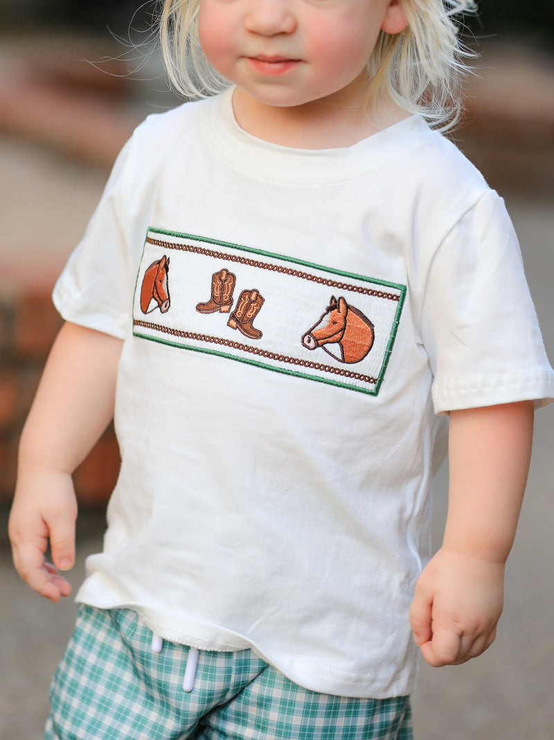 Western Plaid Horse Embroidery Boy Pants Set - 5