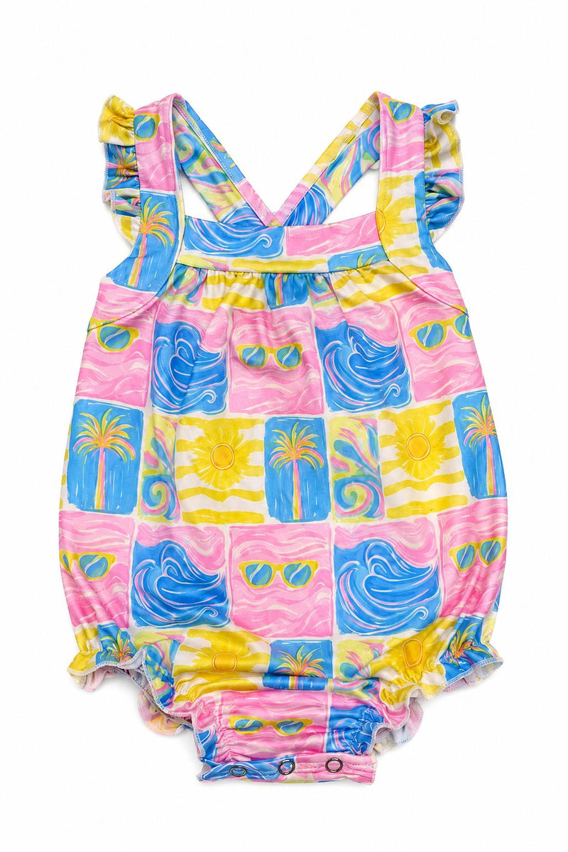 Tropical Summer Ruffle Cross Back Romper - 1