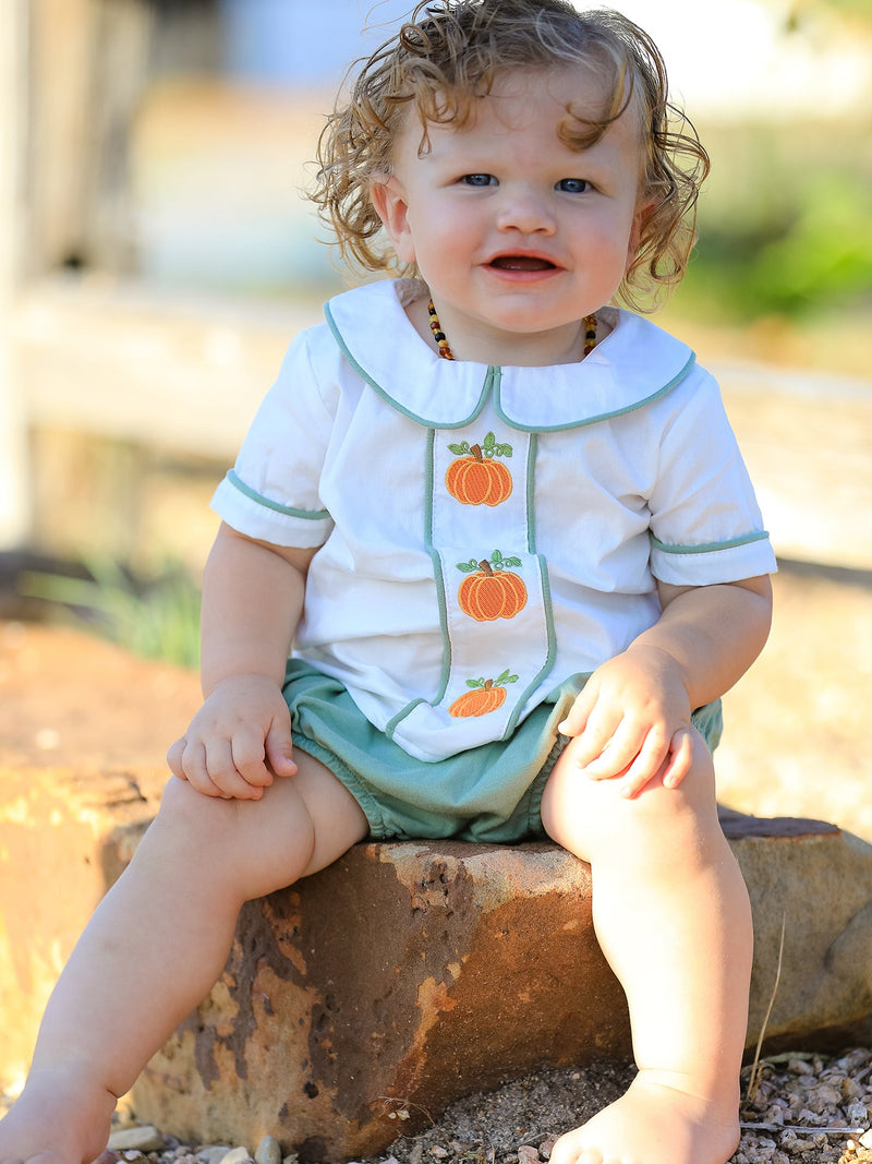 Fall Halloween & Thanksgiving Applique Plaid Boys Bloomers Romper Set - 2