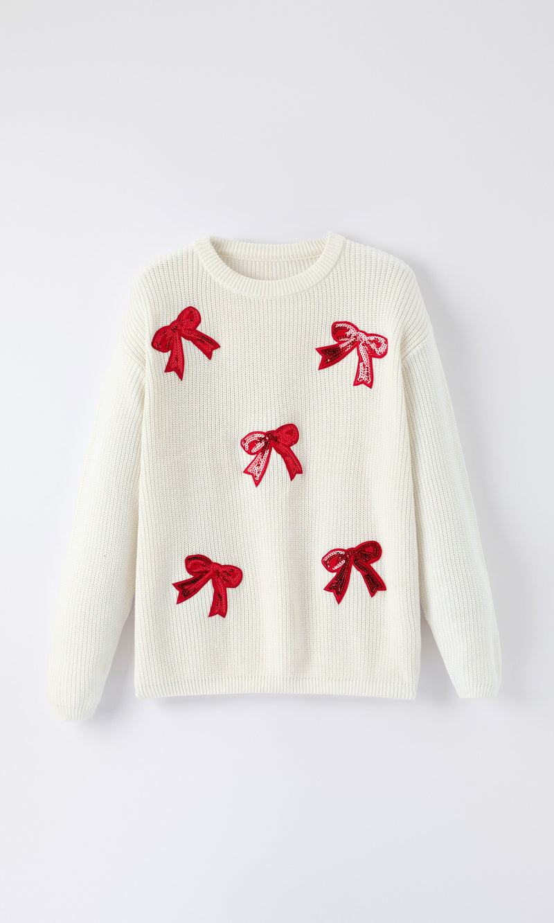 Mommy & Me Winter Girls Bow Sequins Pullover Sweater - 7