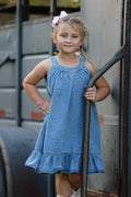 Girls Denim Ruffle Trim A-Line Dress - 4