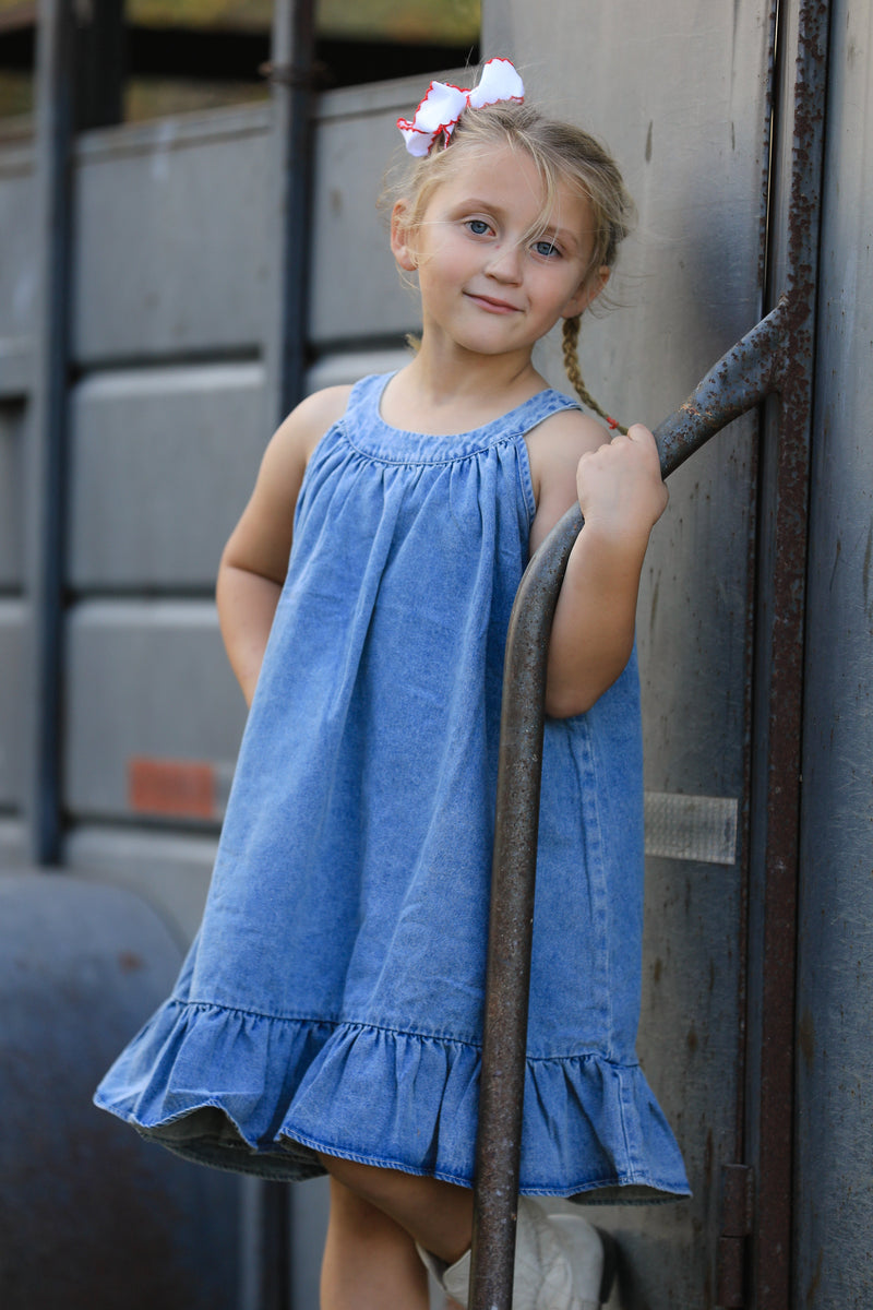 Girls Denim Ruffle Trim A-Line Dress - 5