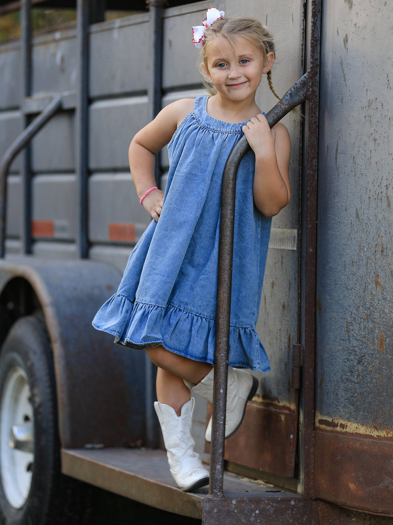 Girls Denim Ruffle Trim A-Line Dress - 2