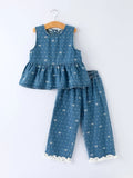 Spring Bow Dot Denim Ruffle Top and Pants Set 3/4 Pants - 1