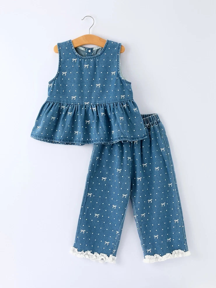 Spring Bow Dot Denim Ruffle Top and Pants Set 3/4 Pants - 1