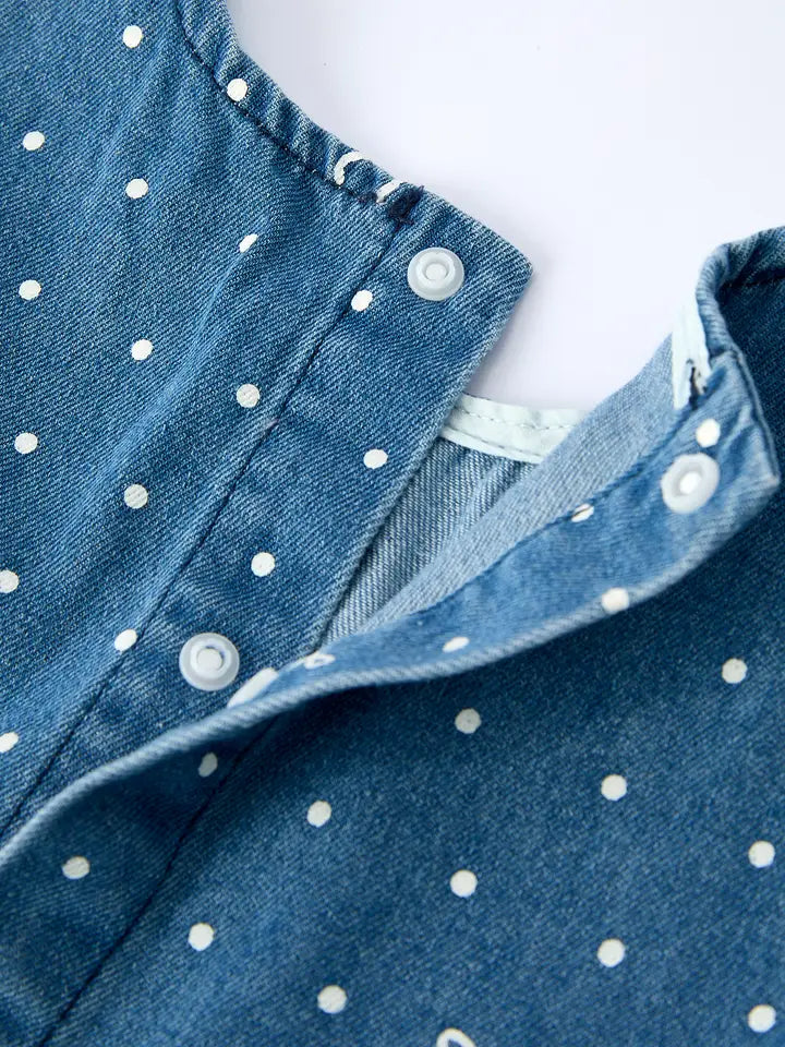 Spring Bow Dot Denim Ruffle Top and Pants Set 3/4 Pants - 4
