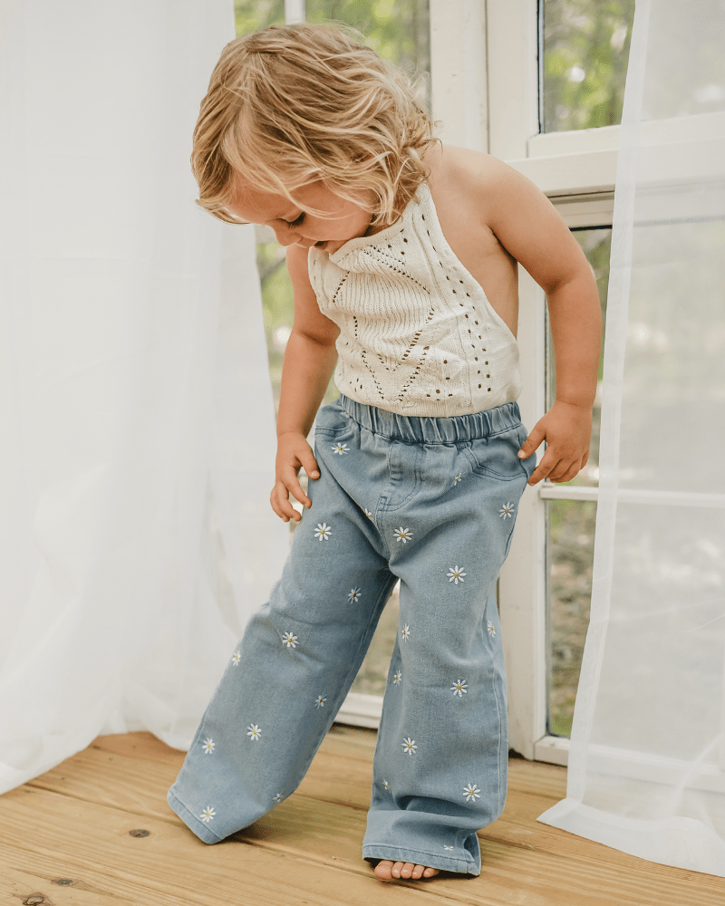 Daisy Mae Wide Leg Embroidered Jean - Light Wash - 1
