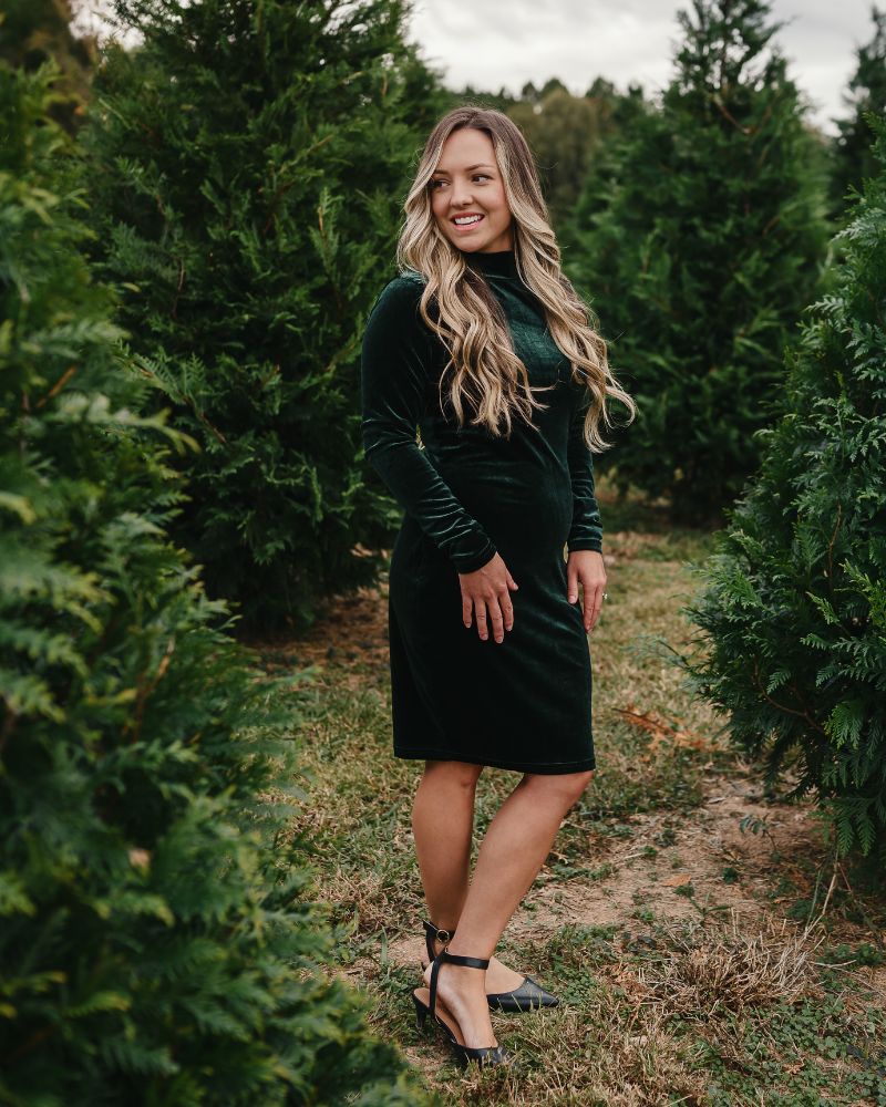 Delta Mock Neck Dress - Hunter Green Velour - 5