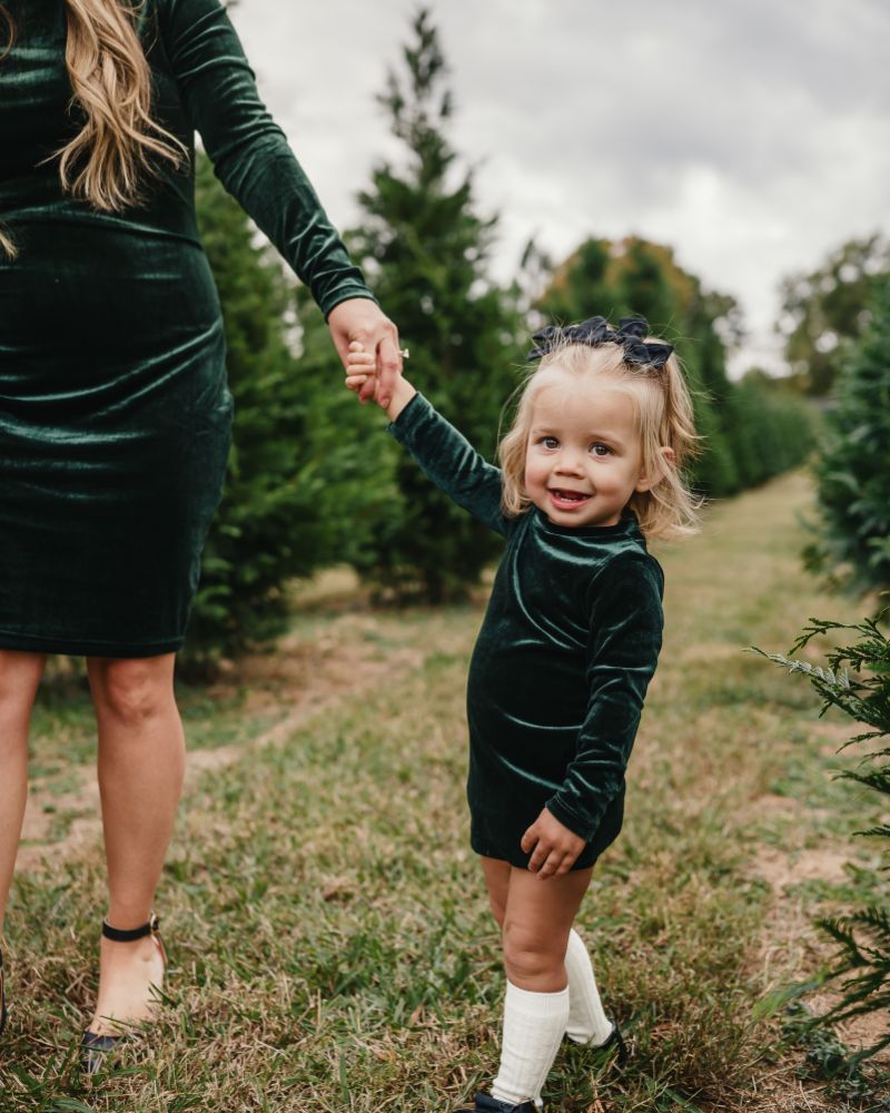 Delta Mock Neck Dress - Hunter Green Velour - 1