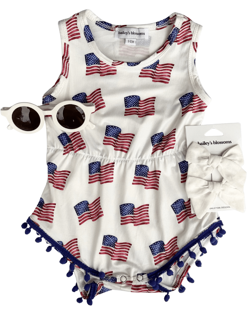 Dillon Pom Pom Romper - Patriotic Flags - 2