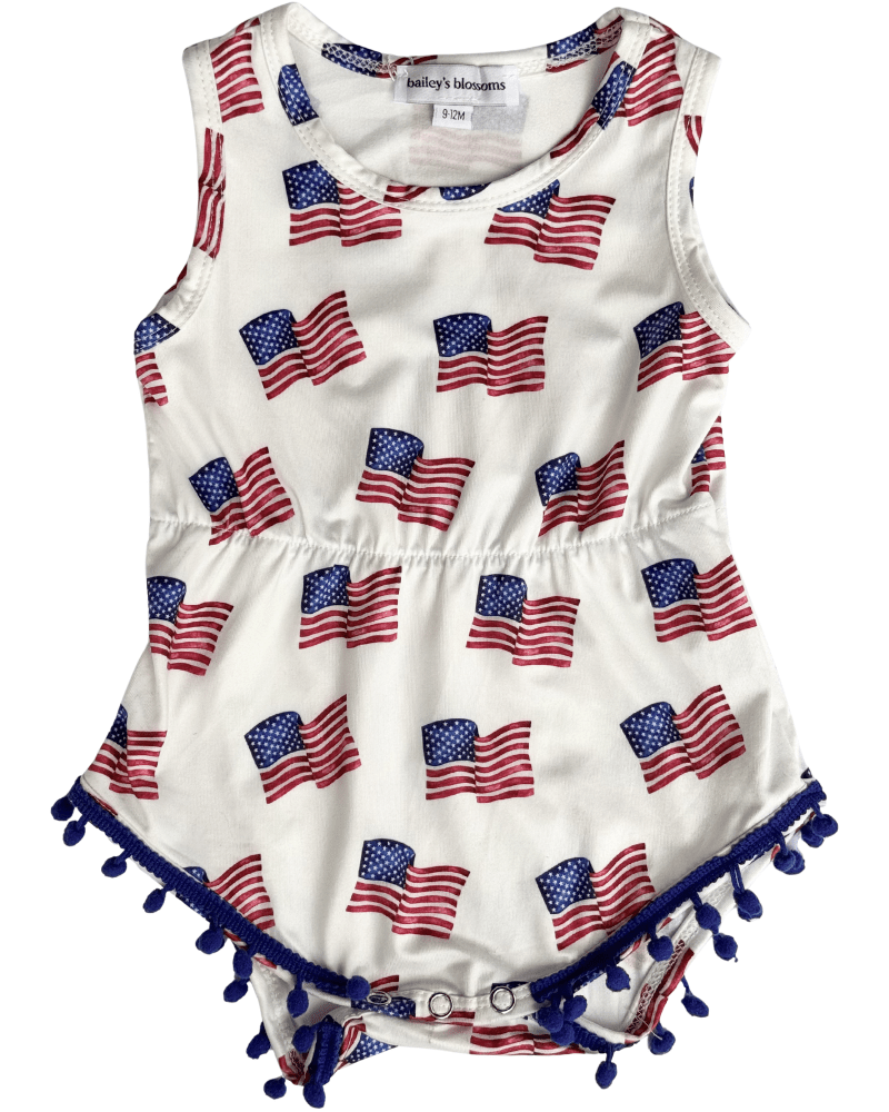 Dillon Pom Pom Romper - Patriotic Flags - 5
