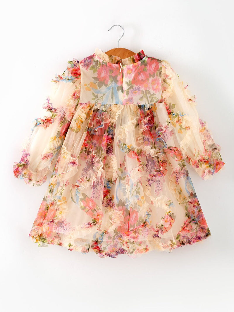 Pastel Flower Ruffle Layered Girls Dress - 5